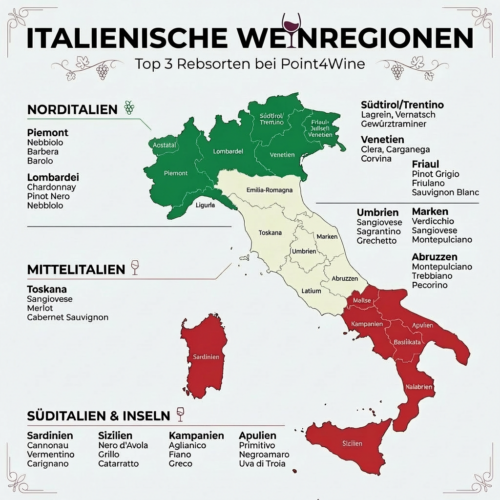 Weinregionen Italiens mit Top 3 Rebsorten für jede Region - gegliedert nach Nord-, Mittel-, Süditalien - Infografik, auf Basis der Topseller im Point4Wine-Shop